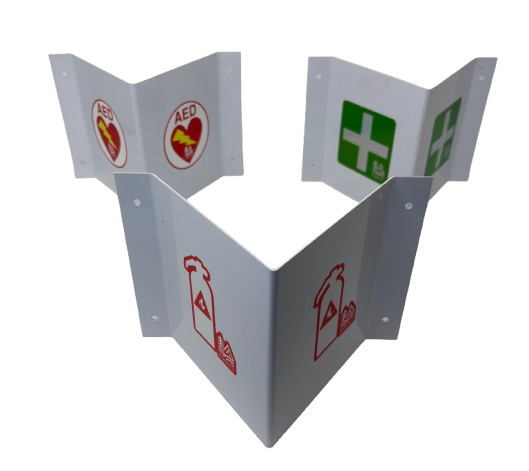 3-Way Projecting Wall Safety Sign: AED, Fire, First Aid Kit