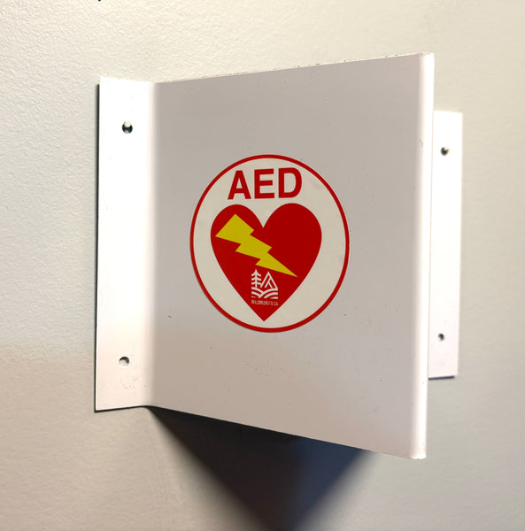 3-Way Projecting Wall Safety Sign: AED, Fire, First Aid Kit